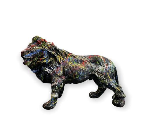 Statue Lion Resine H.70cm - Noir Bariole