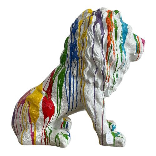 Statue Lion Assis En Resine H.70cm - Blanc Multicolore