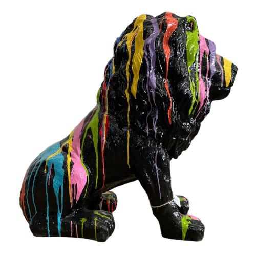 Statue Lion Assis En Resine H.70cm - Noir Multicolore