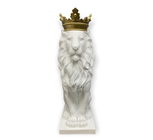Statue lion résine 95cm blanc / or